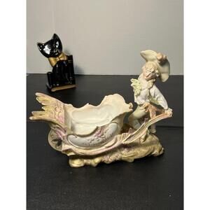 Dresden Porcelain Antique 1900s Boy Wheelbarrow Gravy Boat Candy Dish Planter